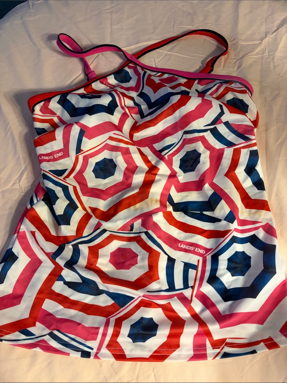 Lands' End Pink, Red, Navy & White Geometric Tankini Top